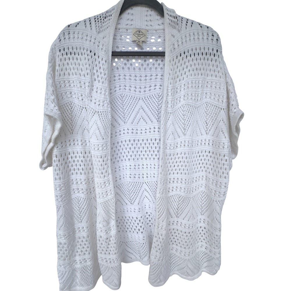 St. John's Bay Cardigan White Crochet Open Front Boho Coastal Summer 2X